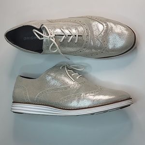 COLE HAAN Metallic Silver Shiny Original grand Loafers Oxfords Lace Up